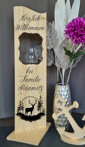 Designbysh Holzaufsteller, Holz Deko Schild Holzschild Eingangsschild mit Leuchtglas oder Solarlampe, Hirsch und Wald