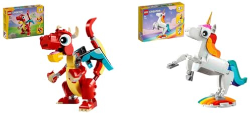 LEGO Creator 3 in 1 Magical Unicorn Toy to Seahorse to Peacock & Creator 3in1 Red Dragon Toy to Fish Figure to Phoenix Bird Model