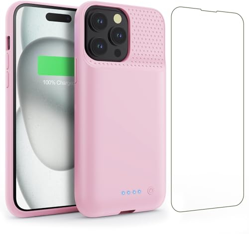 Feob Akkuhülle für iPhone 15 Pro (6,1), 7500mAh 15W Powerbank Hülle Zusatzakku Akku Case Akku Ladehülle Handyhülle Akku Battery Case Akku Hülle für iPhone 15 Pro (6,1) Charger Case-Rosa