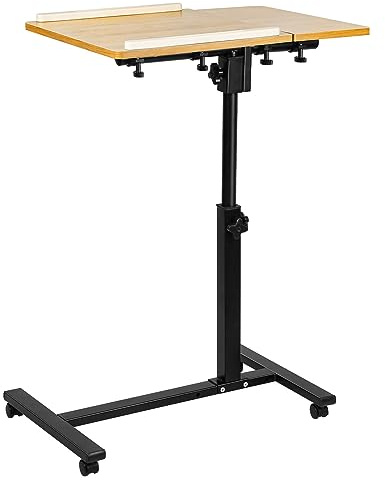 HUOLE Laptoptisch Höhenverstellbar, Laptopständer Computertisch, Mobiler Stehtisch mit 2 Stopp-Leisten & 4 Rollen, Überbett-Tisch 360 Drehbaren Tischplatte-70 * 44 * 65/95CM – natürliche Holzfarbe