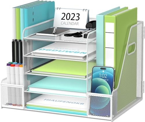 SUPTIDY Mesh Schreibtisch Organizer mit Aktenhalter, 5-Tier Papier Brief Tray Organizer mit Zeitschriftenhalter, Desktop Organizer und Lagerung mit Schublade für Bürobedarf Zuhause oder Schule, Weiß