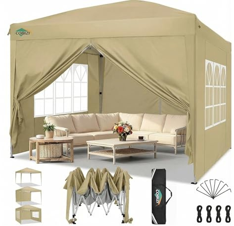 COBIZI Pavillon 3x3 Faltpavillon Wasserdicht Stabil Winterfest Faltbar Partyzelt mit 4 Seitenteilen Pop up Gartenpavillon UV Schutz 50+ Höhenverstellbar für Strand Hochzeit Camping, Khaki