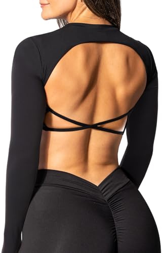 Navneet Träningstoppar för kvinnor, rygglös, långärmad, sporttopp för sport, gym, yoga, träningstopp, crop top, Svart rygglös, S