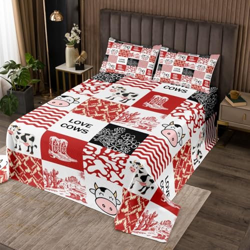 Homemissing Juego de colcha acolchada con estampado de vaca lechera de dibujos animados para niños, color rojo y blanco, transpirable, decoración de habitación