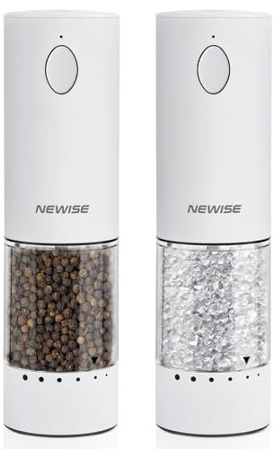 Electric Salt and Pepper Grinder Set, Rechargeable with LED Lights, Stainless Steel Automatic Pepper & Salt Mill, Adjustable Coarseness, Large Capacity, White