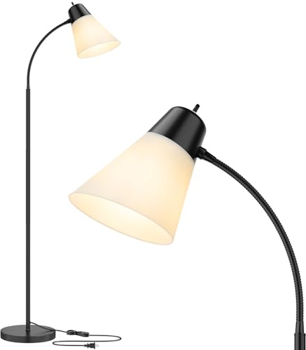 Coucrek Floor Lamp for Living Room, Adjustable Head Standing Lamp with White Plastic Shade, Black Reading Floor Lamps for Dorm, Bulb not Included