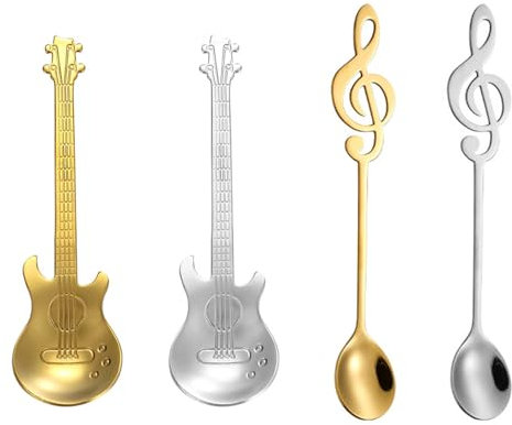 2 Cuillères À Guitare Et 2 Cuillères À Notes De Musique, Cuillères De Forme Créative, Cuillères À Mélanger, Cuillères En Acier Inoxydable, Cuillères À Dessert, Cuillères À Boissons