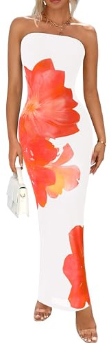 PRETTYGARDEN Women Summer Strapless Maxi Dress Bodycon Floral Sexy Long Wedding Guest Dress Formal Tube Mesh Cocktail Dresses(White Orange Floral,Small)