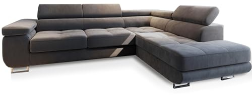 Masseno Ecksofa Selva R-S mit Schlaffunktion L-Form, Glamour Sofa mit Bettkasten, Wohnzimmersofa, Couch, Soffa, Bettsofa, Couchgarnitur - Grau, Monolith 85