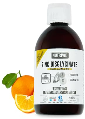 Zinc Bisglycinate 15mg Liquide – Vitamines B5, B6, B8 et D3 – Assimilation Optimale & Haute Concentration – Immunité et Beauté des cheveux & Ongles – 25 jours de cure - Gout Orange