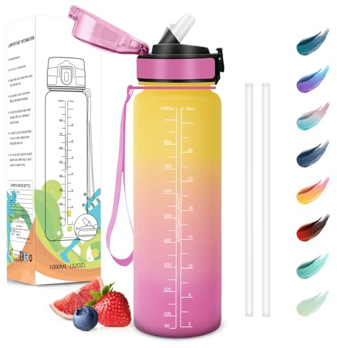 Motswedi Botella Agua 1 Litro, Sin BPA, Botella Agua con Pajita, Reutilizable, Botellas Gimnasio, a Prueba de Fugas, Botellas de Agua, Cantimplora para Gym, Yoga, Oficina, Amarillo Rosa