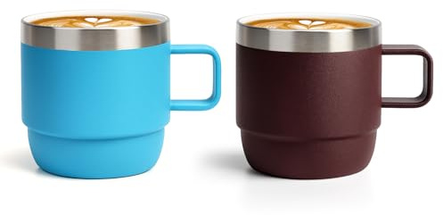 Zenbo 6 oz Espresso/Coffee Mug with Handle, Double Wall Vacuum Insulated 18/8 Stainless Steel Ceramic Lined Cups, Coffee, Tea, Hot & Cold Drinks, No Sweat, Dishwasher Safe（Wild Vine Red & Blue-2Pack）
