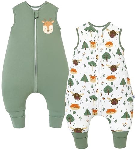 Chilsuessy 2er Pack Baby Schlafsack mit Füßen 2.5 Tog Winter Schlafsack Babyschlafsack mit Beinen Schlafstrampler für Jungen Mädchen, 2.5 Tog/Grün + Wald Tiere, 70cm/Baby Höhe 80-90cm