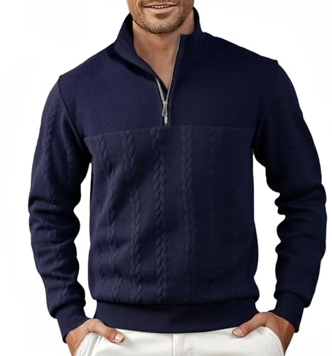 Halfword Pulls Homme Zip Pullover Tricoté Pull à Manches Longues pour Hommes Jacquard Sweatshirts Bleu Foncé 2XL