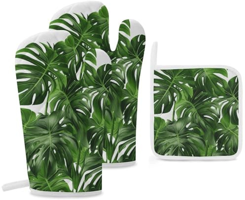 Monstera Deliciosa - Set di 3 guanti da forno e presine con palma a banana, resistenti alle alte temperature fino a 260 °C, presine, 30 cm, guanti da forno extra lunghi essenziali per la cucina