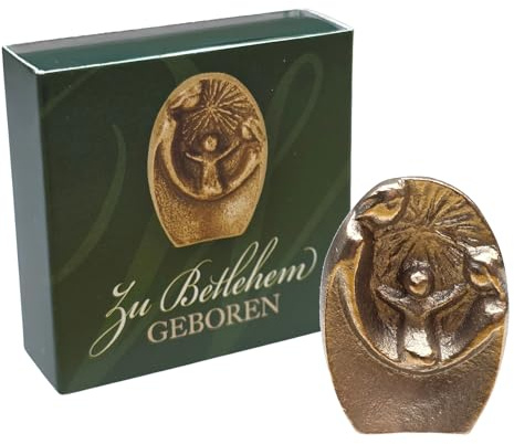 Herzmensch Kleine Weihnachtskrippe Mini Heilige Familie Figur aus echter massiver Gold Bronze als Geschenk und als Dankeschön zu Weihnachten 2,8 x 3,8 cm in Geschenkbox