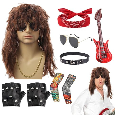 Besreey Rocker Costume - 70s Hippie Cosplay Outfit - Wig Sunglasses Set Punk Style Costume for Stage Performance Outdoor Musical Festival Beach Halloween Holiday Women Men