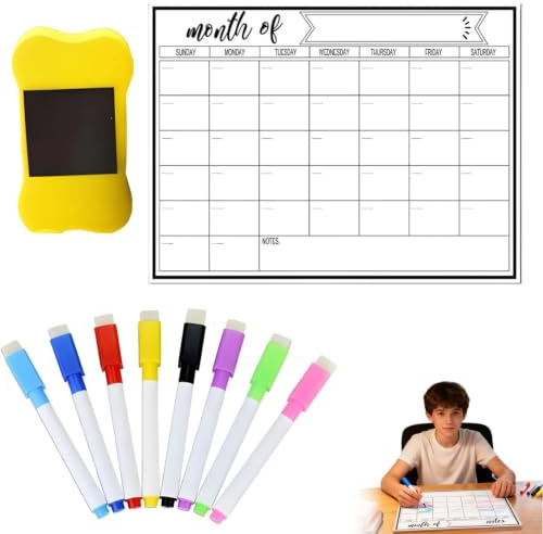 Calendrier magnétique pour réfrigérateur, 28 x 21 cm, tableau effaçable à sec, planification mensuelle et hebdomadaire avec accessoires magnétiques (marqueurs et effaceur inclus) pour organiser l