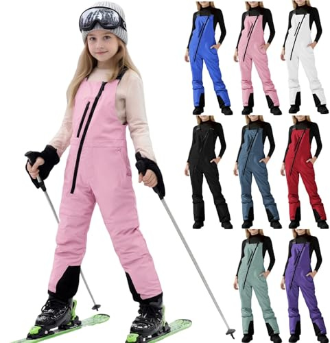 Tuta da neve calda e spessa per ragazze, tuta termica da sci casual, pantaloni da snowboard per bambini, tuta da neve invernale multitasche per sci, pantaloni da neve caldi monopezzo con cinghie