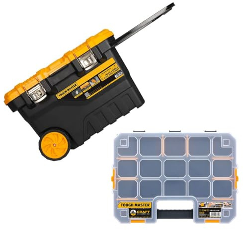 Tough Master Professional Extra Large Mobile Tool Box Chest 28'' / 72cm on Wheels with Tote Tray Handle for Big Power Tools (With 17 Inch Organiser)