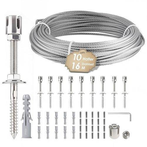 Rankhilfe Metall Edelstahl für Kletterpflanzen, 16m Kletterhilfe Stahlseil | Rankhilfe Wand Pflanzen Set mit 3 mm Durchmesser Seil&10 Halter, Rankgitter Ddelstahl Seilsystem für Garten/Mauer/Beton/Zaun