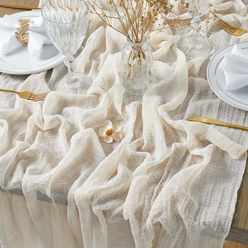 GUJOXILA Tischläufer Beige Käsetuch 300x80cm Musselin Gaze Tischdeko | für Hochzeit Kommunion Konfirmation Babyparty Taufe Geburtstag Advent Weihnachten Silvester Rustikal Dekostoff Tischdeko