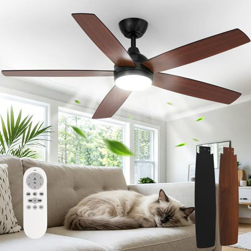 Dorlink Ceiling Fans with Lights and Remote, 52 Inch Flush Mount Ceiling Fan Light for Bedroom, Low Profile LED Ceiling Light with Fan, 6 Speeds Quiet DC Motor, Dimmable Reversible, Walnut/Black