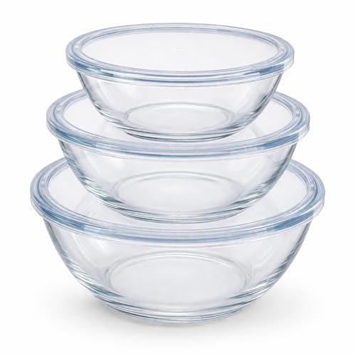 Reldor Glass Mixing Bowls with Airtight Lids Set of 3 (21cm, 23cm, 27cm) | BPA-Free, Durable Clear Glass Bowls for Mixing | Baking & Food Storage