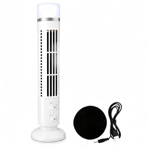 Ouitble Ventilatore a Torre Silenzioso, Mini Ventilatore a Colonna USB con Luce, Mobile Regolabile, Alimentato a Batteria per Casa, Camera Letto, Ufficio (Bianca)
