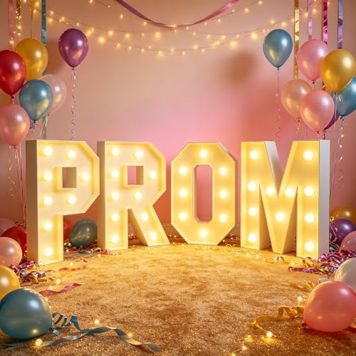 PROM Foam Board Marquee LED Light Up Mosaic Balloon Frame Letters 4FT, Birthday Party Backdrop Sign for Anniversary Graduation Decor, 120cm-4ft