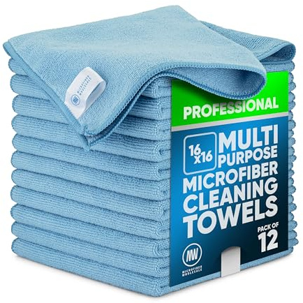 MW Pro Microfiber Cleaning Cloth | Blue | 12 Pack | 16” x 16” | All Purpose Microfiber Towels - Clean, Dust, Polish, Scrub, Absorbent