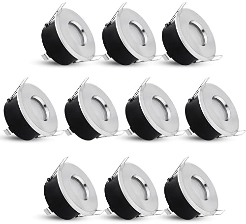 linovum Einbauspot 10er Set silber rund IP65 LED-Modul 4W warmweiß Bad | Zehn flache Deckenspots IP65 Alu gebürstet - warmweiß, für Bad, Feuchtraum & außen, ohne Trafo, wetterfest, inkl. LED-Modul