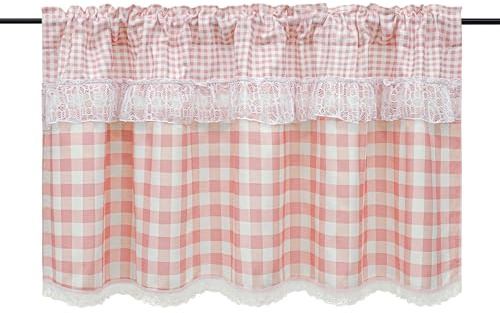 HongYa Karierte Küche Gardine Scheibengardine Tunnelzug Bistrogardine mit Spitze Rosa H/B 80/130cm