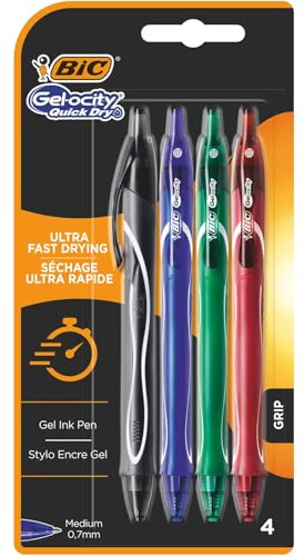 BIC Gel-ocity Quick Dry Tintenroller, Gelstifte in 4 verschiedenen Farben, Strichstärke Medium, mit gummierter Griff-Fläche