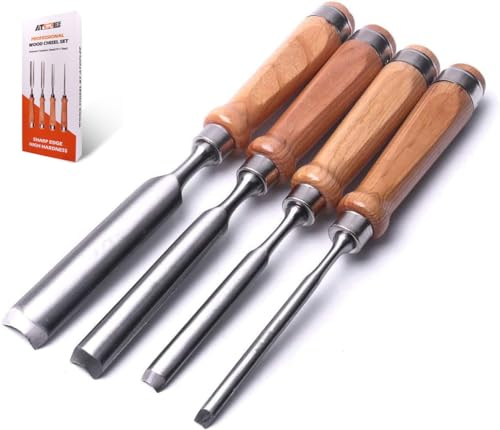 ATOPLEE 4 Stück Stechbeitel Set für Holz,Holz Meißel Werkzeug Schreiner Hohlbeitel CR-V Stahl halbkreisförmige Kante 8mm(5/16)/12mm(1/2)/18mm(3/4)/25mm(1)