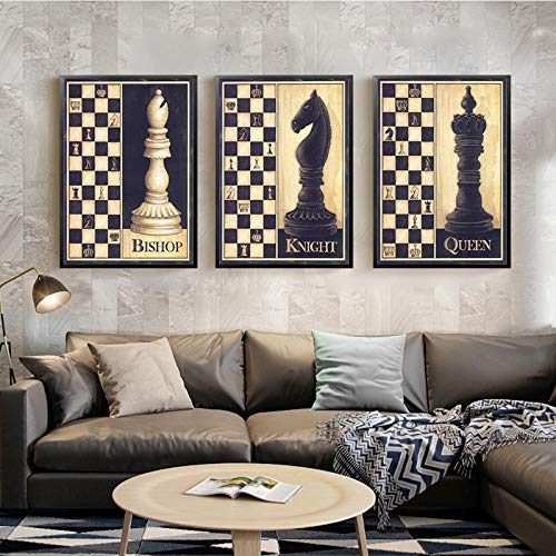 zszy Schach Leinwand Malerei Wandkunst Bild Für Wohnzimmer Poster Dekoration Bild Retro und Druck Wand Art-50x70cmx3 stücke kein Rahmen