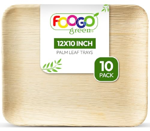 FOOGO Green 10 Bandejas Desechables de Hoja de Palma, Grandes 30x25 cm, Pizza, Entrantes, Canapés, Charcutería, Resistentes Como las Bandejas de Madera para Comida Caliente y Aperitivos