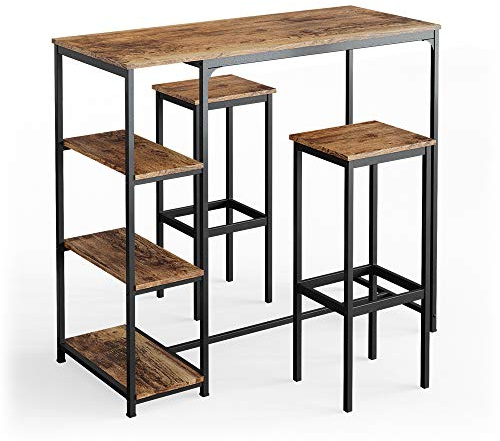 Vicco Tavolo bar alto Fyrk, Legno antico, 120 x 50 cm con ripiani e 2 sgabelli da bar, adatto per banconi e piani cucina, impilabile per la conservazione