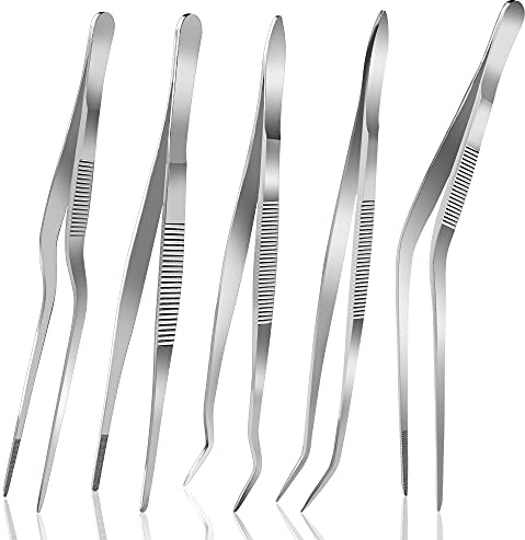 Yokudo 6.3 Inch Food Tweezers Stainless Steel with Precision Serrated Tips, 5PCS Kitchen Tweezers Set for Cooking, Baking, Cookie Cake Decoration, Metal Plating Tweezers