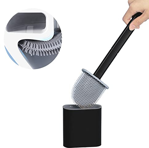 JIMACRO TPR silikon toalettborste och hållare, avtagbar toalettborste med långt handtag, golv/väggmontering med vattenfilterbas, för hörn och små utrymmen mellan toalett och vägg