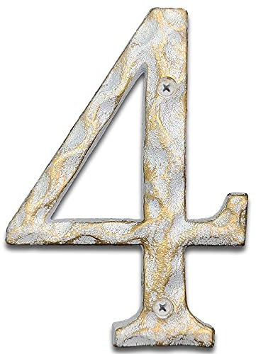Hausnummern aus Gusseisen, 14 cm hoch, einzigartige Hausnummern/Buchstaben für Außen- oder Haustür, handgefertigt, Gold- und Weiß-Finish (Nummer 4)
