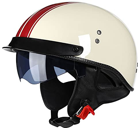 Halbschalenhelm Mit ECE Zulassungiber Brain-Cap Halbschale Jethelm Rollerhelm Scooter-Helm Retro Half Helm mit Built-in Visier für Cruiser Chopper Biker Moped DOT/ECE-Zulassung A,XXL=63-64CM