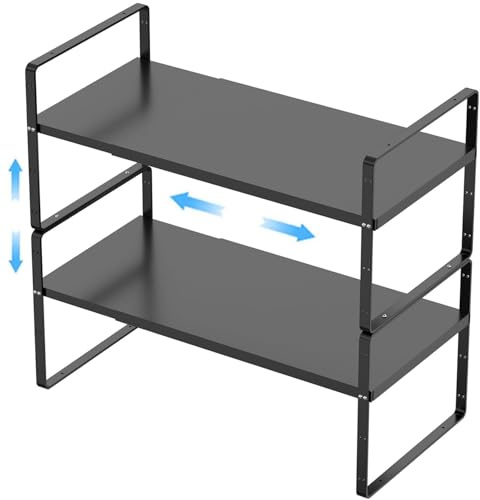GEDLIRE Erweiterbarer Schrankregal Küchenregal Organizer, stapelbarer Metall Gewürzregal Regaleinsatz Schrank-Organizer Regal, Küche Aufbewahrung Lagerregal für Zuhause, Speisekammer, Schwarz