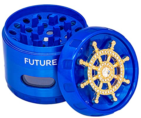 Future 4 Piece Crystal Premier Herb Grinder Portable Spice Grinder with Pollen Scraper - Magnetic Lid Sharp Diamond Teeth for Easy Grinding of Herbs Spices & Plants Non Stick 2.1 (55mm, Ocean Blue)