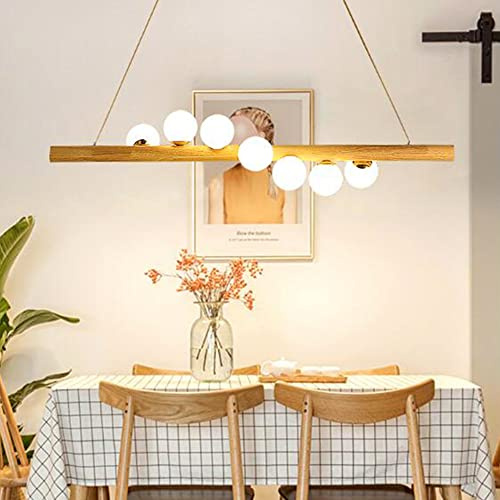 Lámpara Colgante LED Madera Araña De Mesa De Comedor Candelabro Moderna Luz Cálida 3000K Pantalla De Vidrio Altura Ajustable Luz De Techo Para Oficina Restaurante Dormitorio Sala De Estar,A,120cm