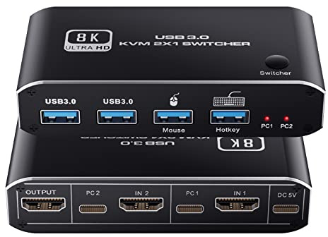 BolAAzuL 2-Port 8K HDMI KVM Switch USB 3.0 | 4K 120Hz 8K 60Hz, Hotkey Switching, USB 3.0 Dual Port, HDCP 2.3 Compliant, For Nvidia AMD Xbox Series X S PS5/4 pro