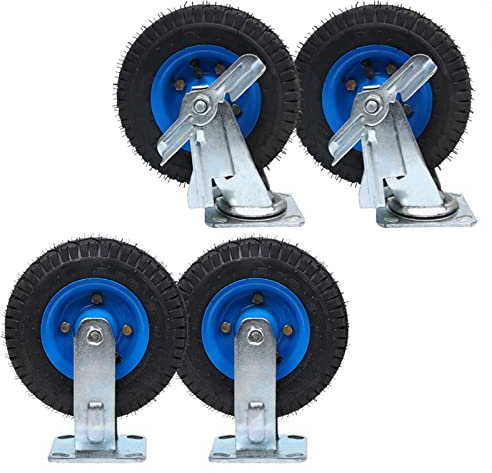LIGUOYI Lenkrolle Luftrad Bockrolle, Ø 200mm 250mm Schwerlastrollen, Leise Gummi Transportrollen, Schubkarren Transportrolle, Mit Bremse Und Befestigungsschrauben, 2 Lenkrollen + 2 Bockrollen