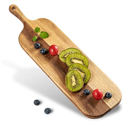 BILL.F Acacia Holz Schneidebrett mit Griff Holz Charcuterie Board Paddle Cheese Board Serving Boards für Küchenfleisch, Pizza, Käse, Brot, Gemüse & Früchte 41x12x1,5cm