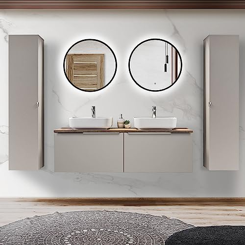 Lomadox Badezimmermöbel Badmöbel Set, Taupe mit Vintage Eiche, 160cm Doppel-Waschtisch-Unterschrank mit Schubkästen, 2 Waschbecken, 2 LED-Spiegel 60cm mit Touch-Funktion, 2 Hochschränke