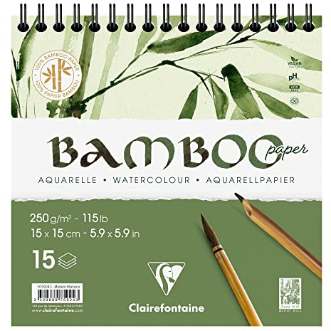Clairefontaine 975924C - Spiralblock Bamboo Aquarelle, 15 Blatt Bambuspapier 250g, 15x15cm, 1 Block